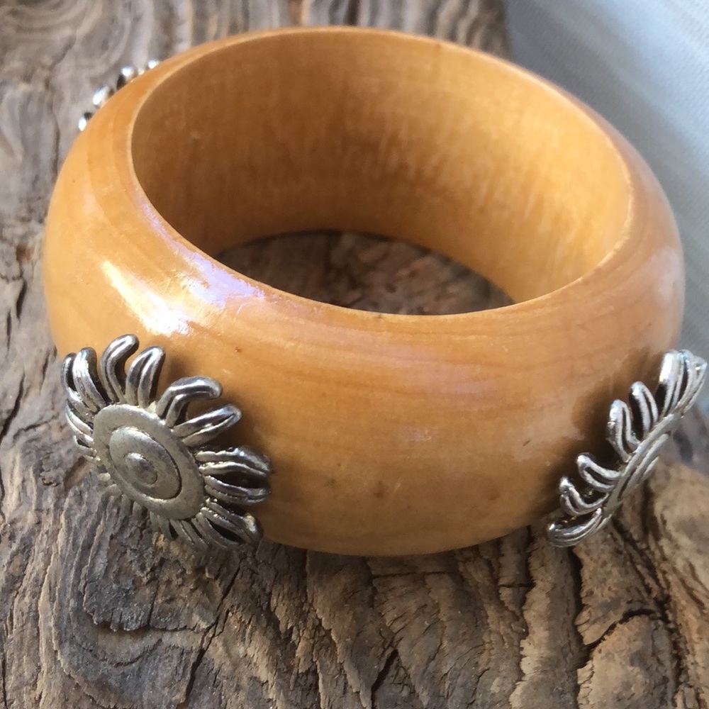 Wooden Wide Bangle Bracelet Silver Celestial Sun Medallions Boho
